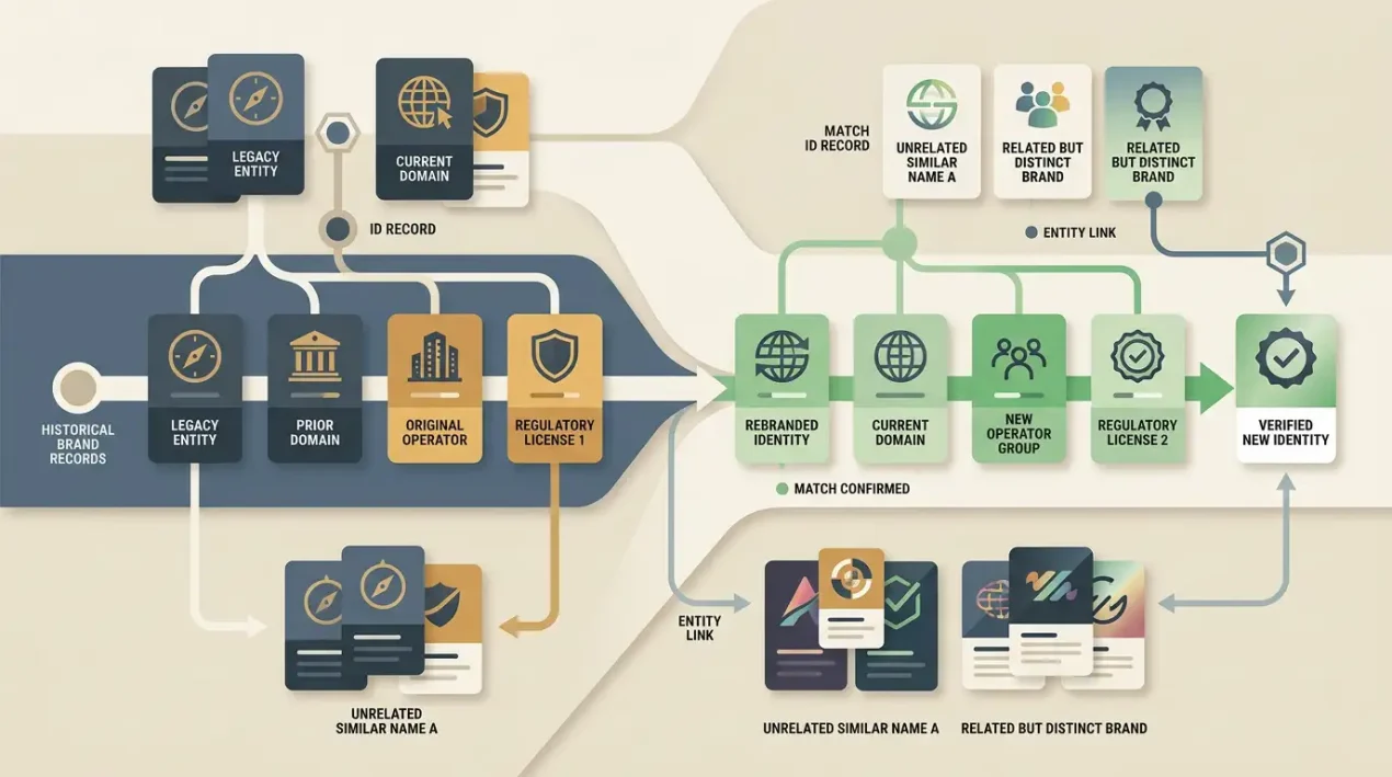 Neutral editorial illustration comparing brand names, domains and operator records