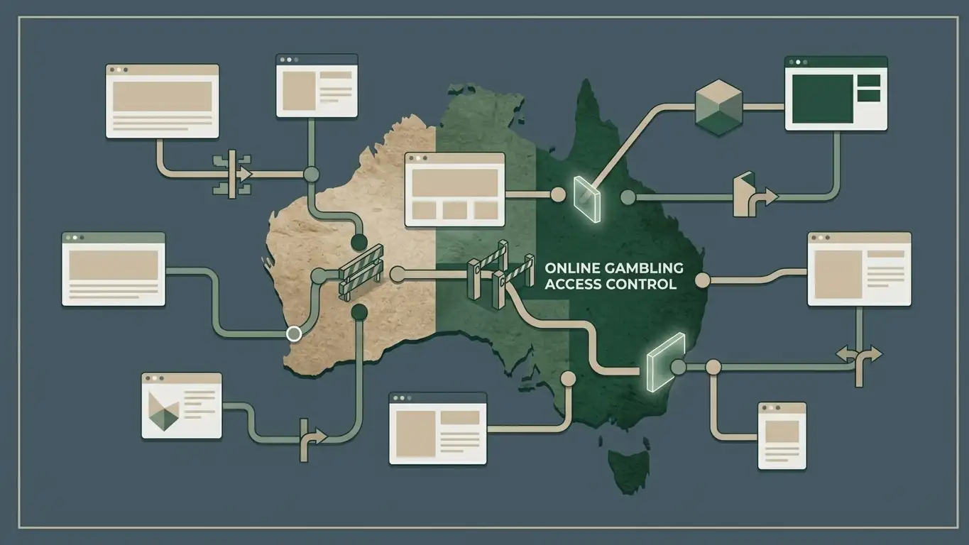 Abstract illustration of Australian online gambling regulation and website access controls